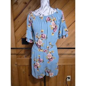 Blue Floral Romper Off Shoulder Ruffle Sleeve Lace Trim Jumpsuit Shorts Womens